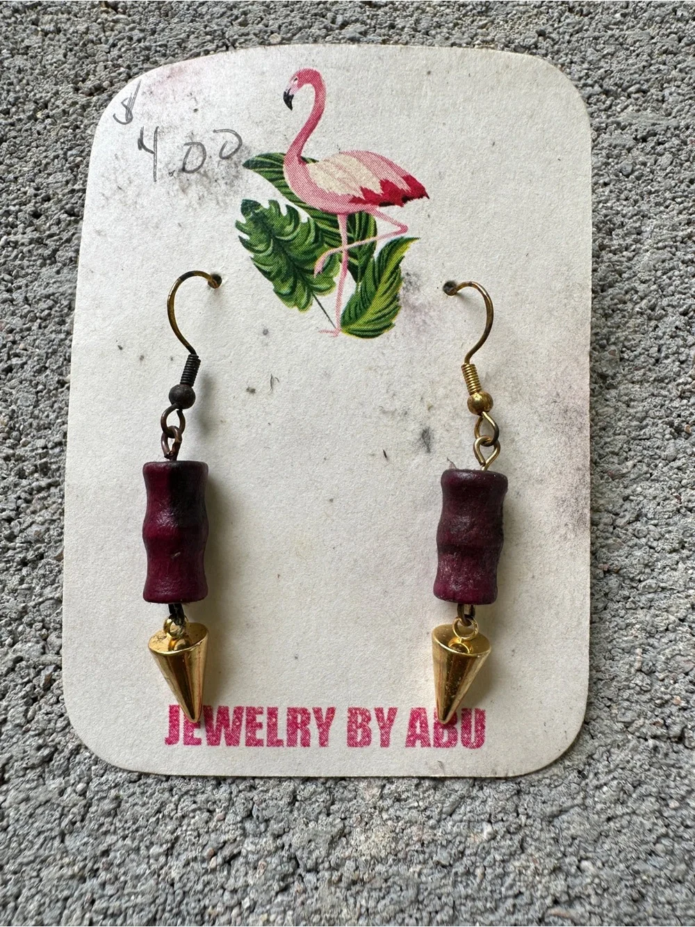 Burgundy Wooden Bead & Gold Spike Drop Earrings